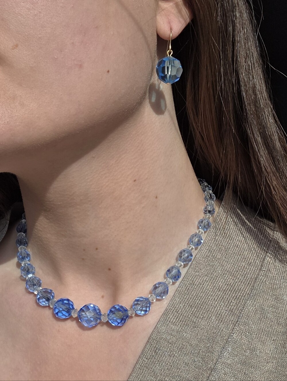 Art Deco Style Blue Faceted Crystal Necklace and Earring Set